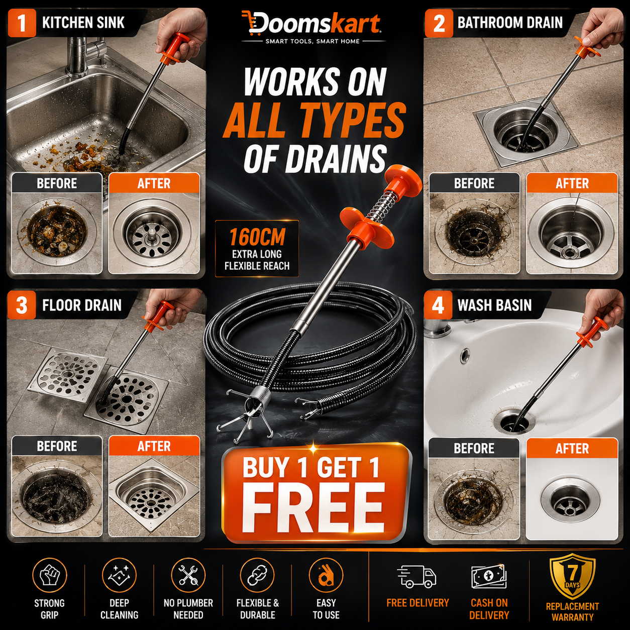 360° Spring Sink Drain Cleaner Pipe