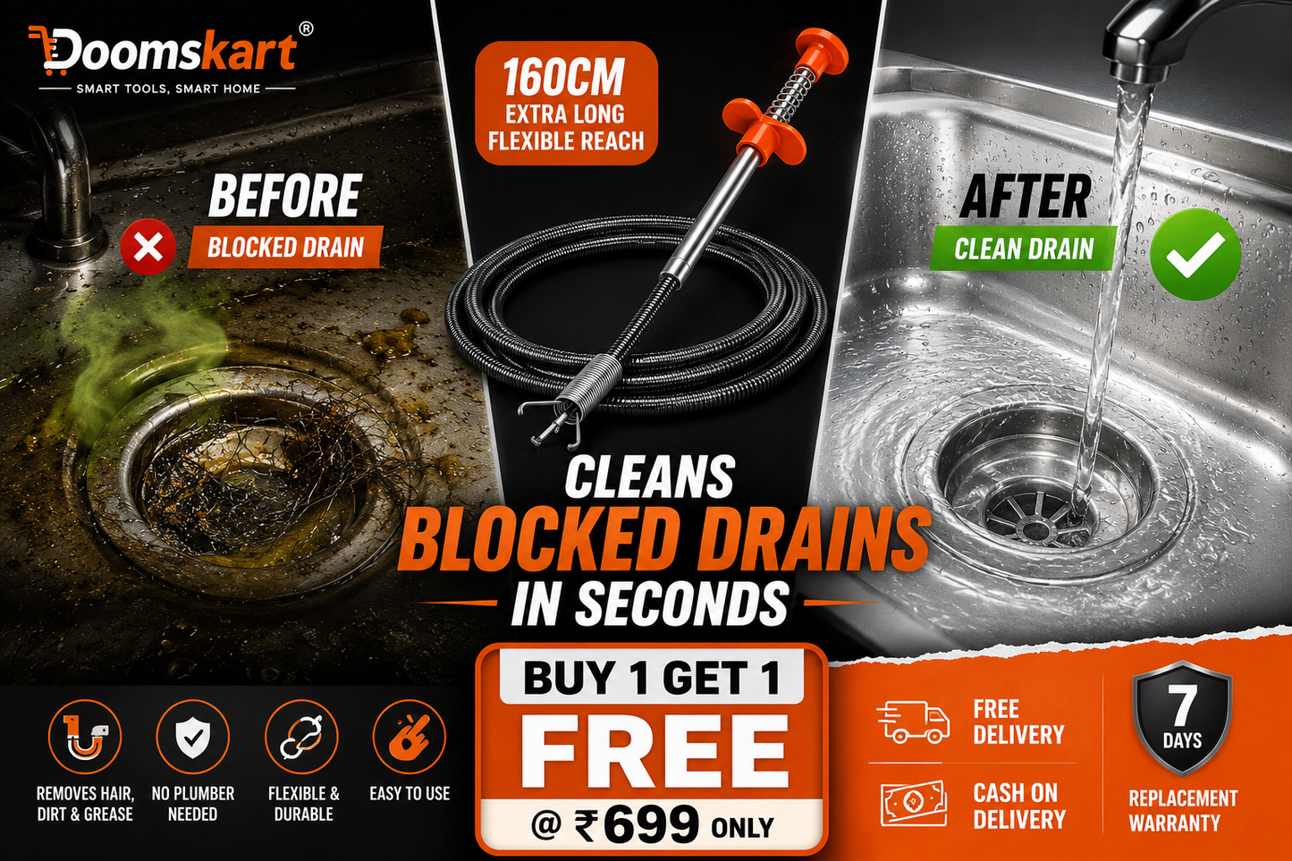 360° Spring Sink Drain Cleaner Pipe