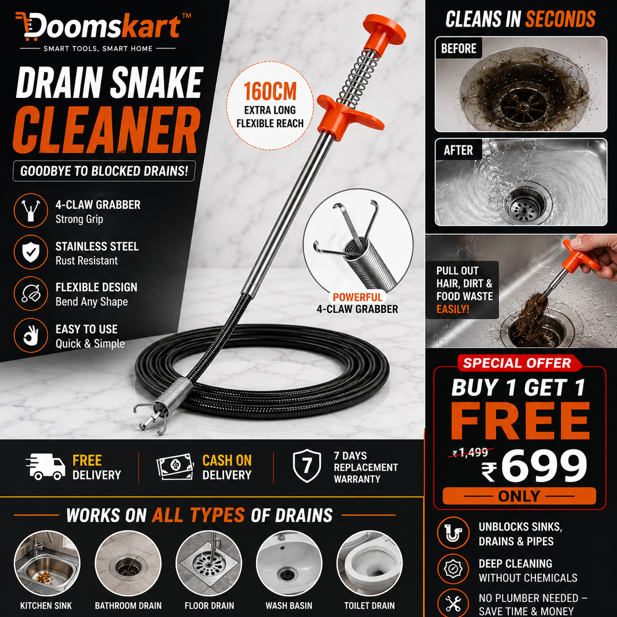 360° Spring Sink Drain Cleaner Pipe