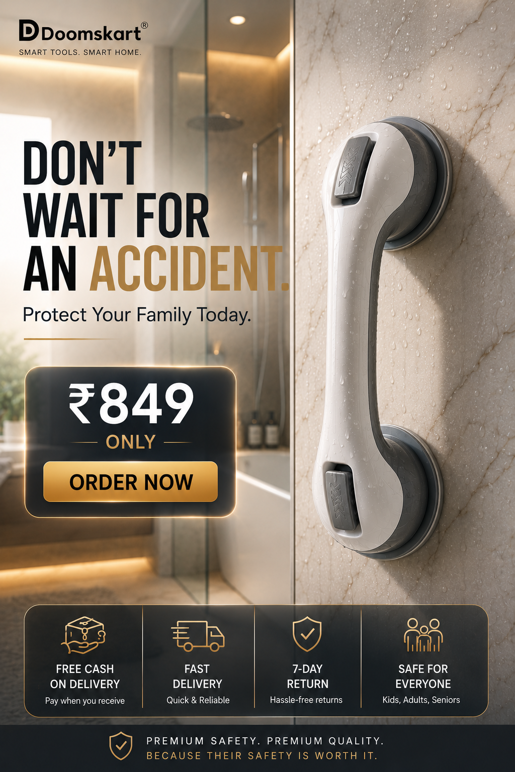 Safety Suction Cup Bathroom Handle – Anti-Slip Grab Bar | No Drilling