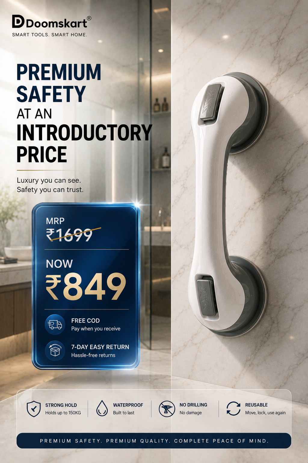 Safety Suction Cup Bathroom Handle – Anti-Slip Grab Bar | No Drilling