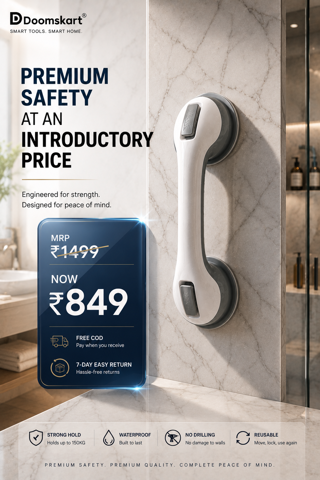Safety Suction Cup Bathroom Handle – Anti-Slip Grab Bar | No Drilling