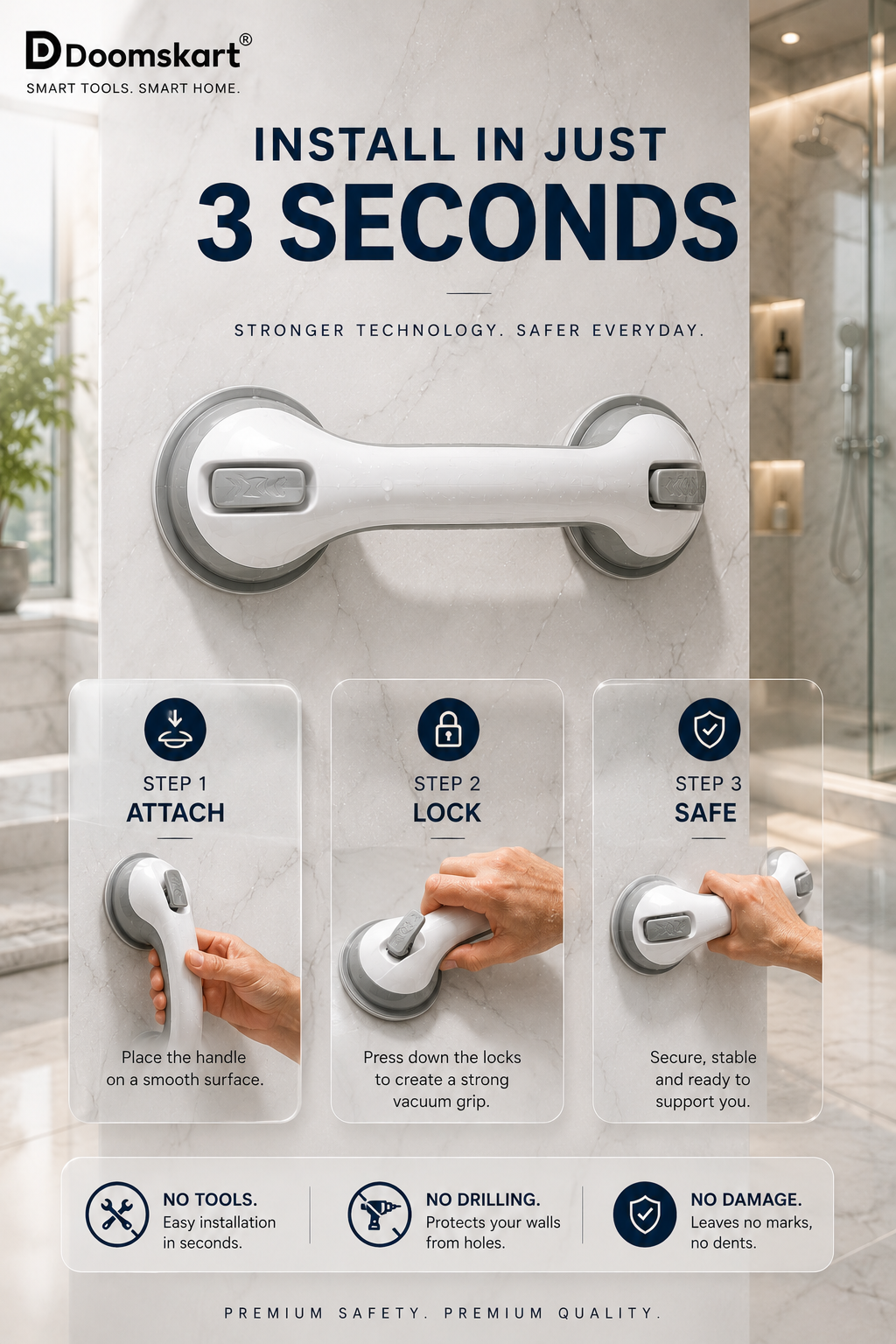Safety Suction Cup Bathroom Handle – Anti-Slip Grab Bar | No Drilling